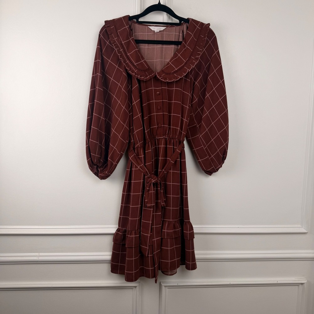 LC Lauren Conrad Windowpane Ruffle Collar Mini Dress Rust Brown Small